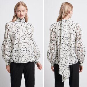 Aje Rebellion Lace Blouse White Floral Tie Neck Puff Sleeves Size AUS 8 US 4